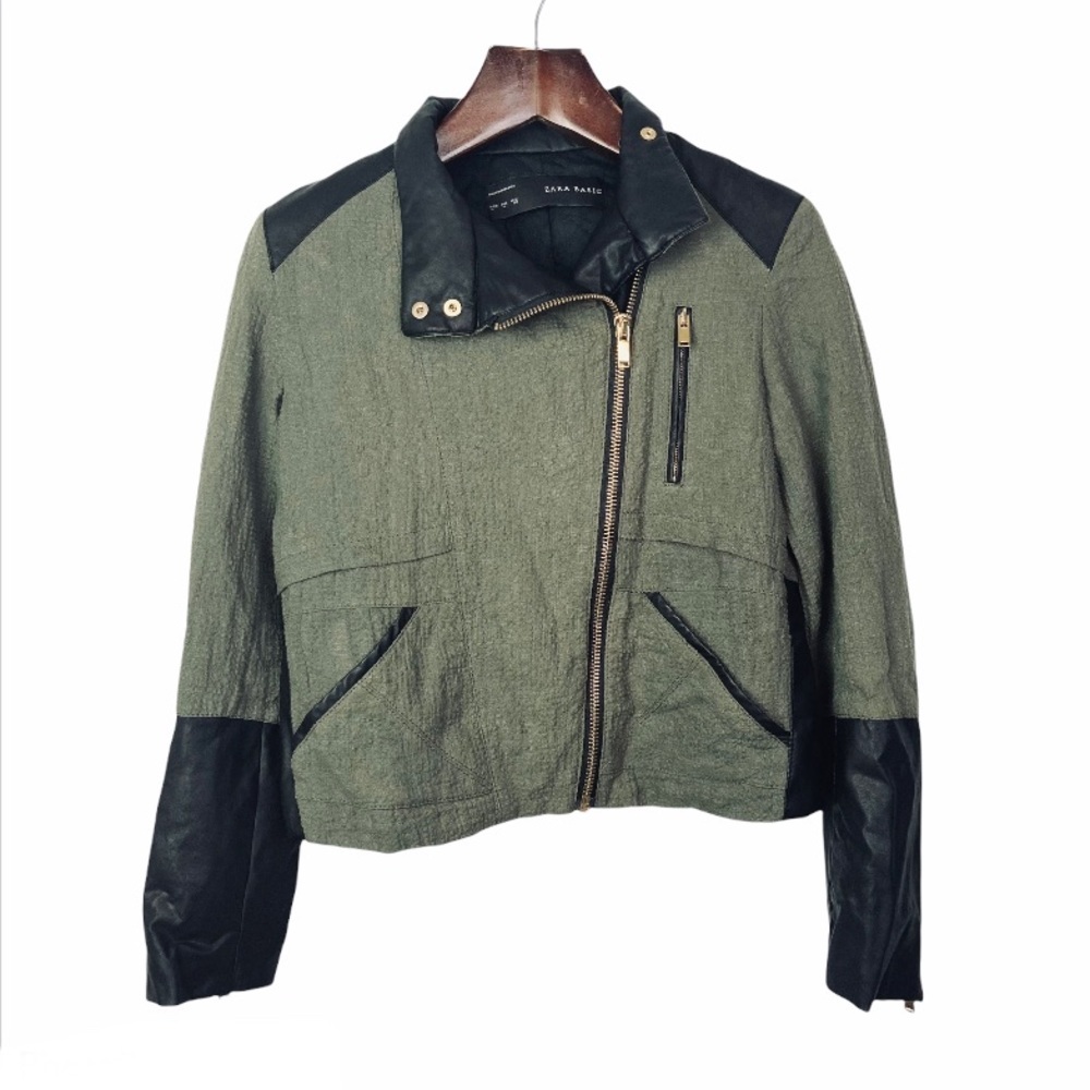 Zara•Quilted cropped Moto Olive / Black Jacket medium